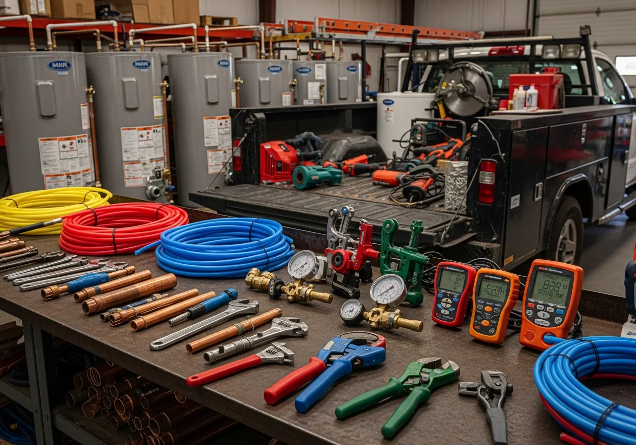 Plumbing tools and equipment arranged on a work surface, representing professional trade readiness and service capability.