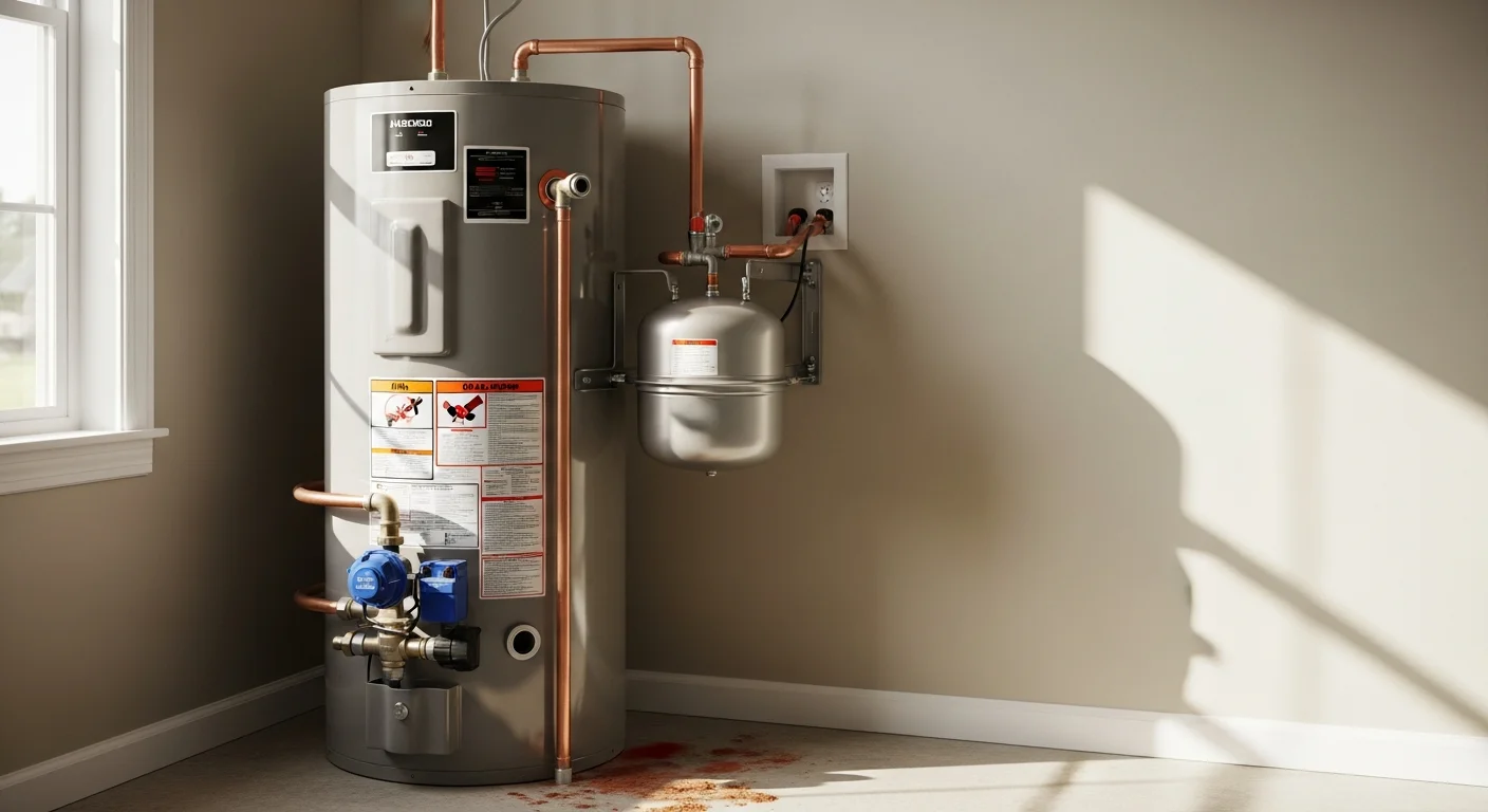 Technician installing new water heater in utility room
