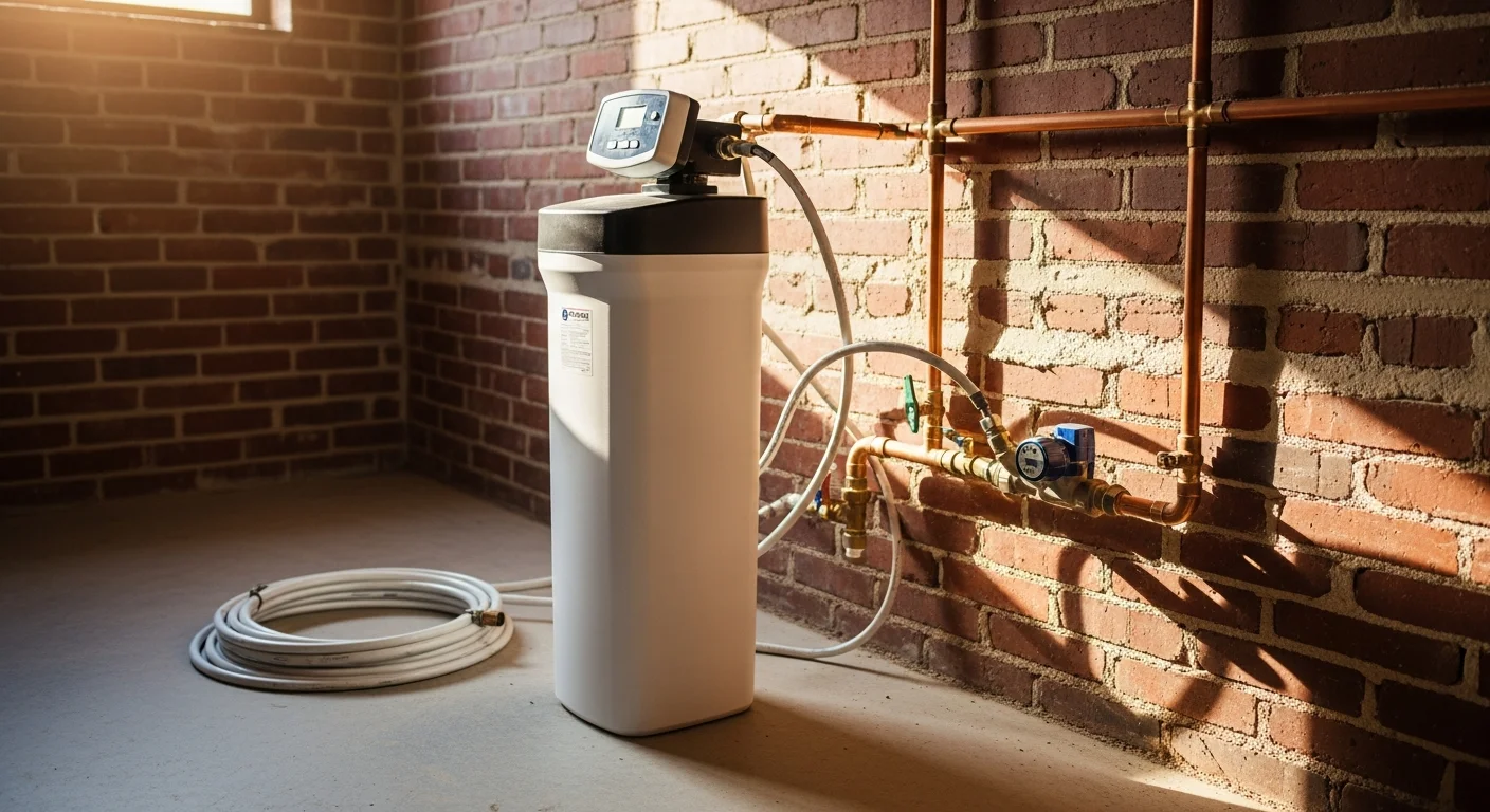 Water softener system installed in home utility area