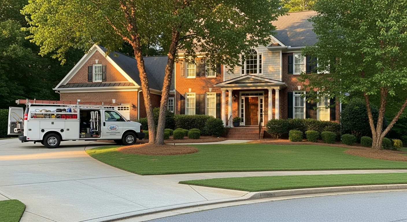 Suburban home with manicured landscaping in Cherokee County residential neighborhood, morning light.