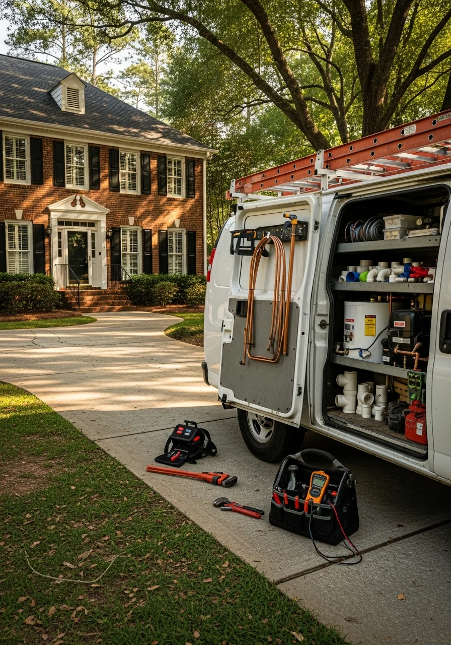 Team member in uniform holding equipment, standing in a Cobb County driveway.