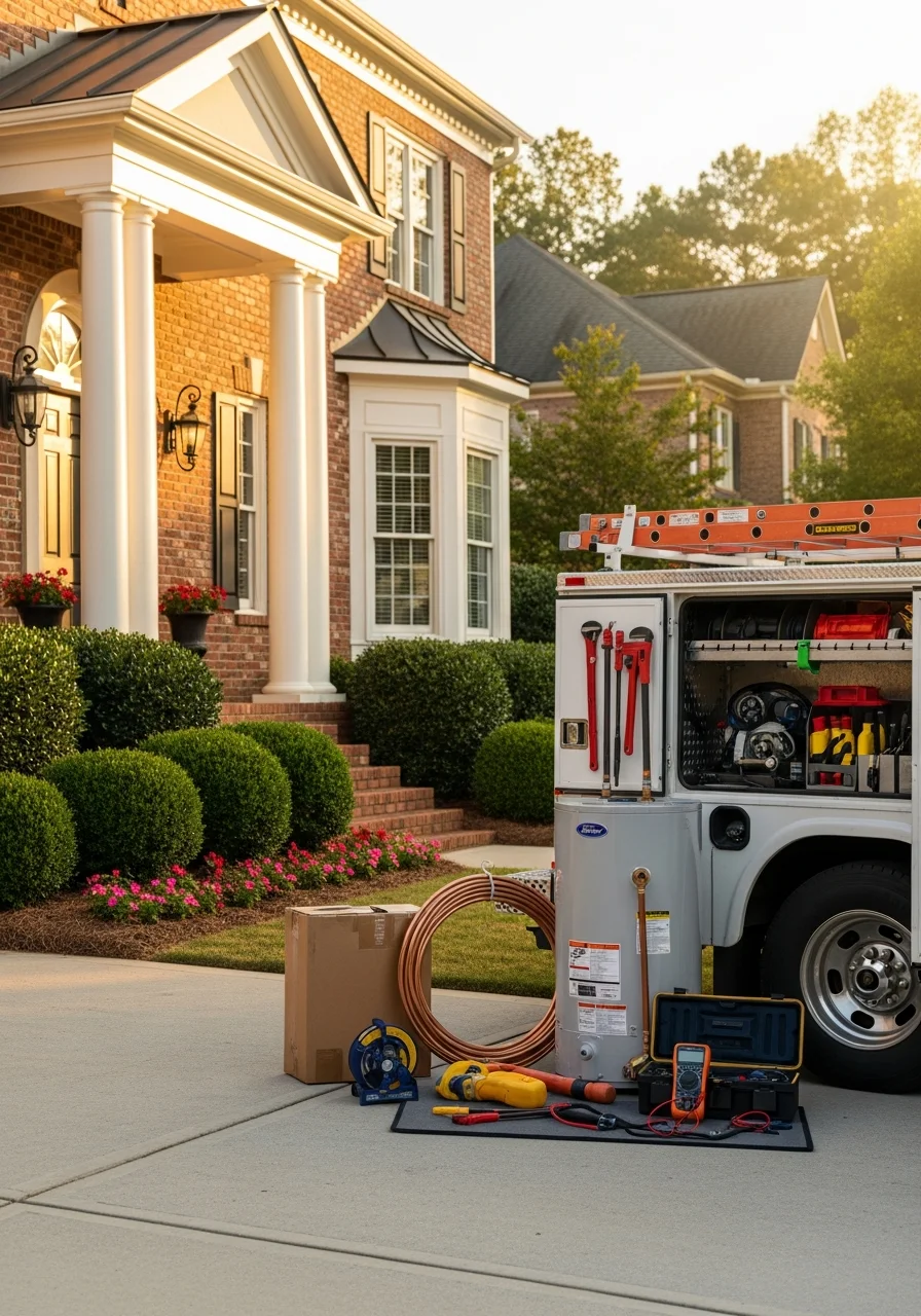 Service professional in work attire standing in front of a modern Forsyth County home.