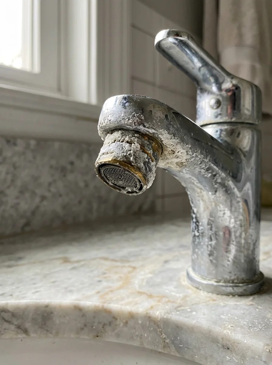 Close-up of white mineral deposits on a bathroom faucet, illustrating hard water damage common in Gwinnett County