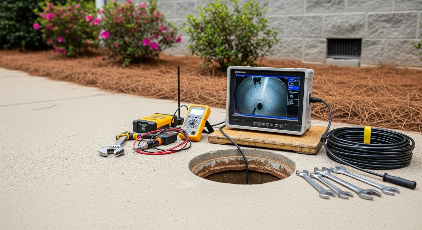 A plumber from MHR Water Heaters and Plumbing feeds a drain inspection camera into a residential drain line at a Cherokee County, Georgia home. The monitor displays a clear view of the interior pipe condition.