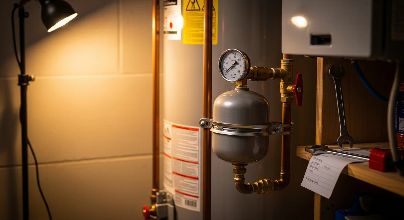 A properly installed expansion tank mounted on the cold water supply line next to a residential water heater in a Cherokee County home. The tank is bracketed to the wall with visible pipe connections and pressure fittings.