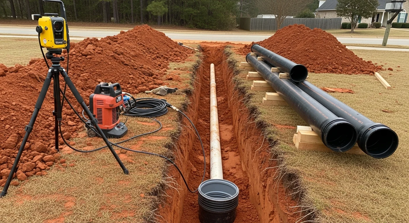 A plumber performing a main line repair in a residential yard in Cherokee County, GA, with a camera inspection monitor showing the interior of a damaged underground sewer pipe. Red clay soil is visible along the excavated trench beside a single-family home.