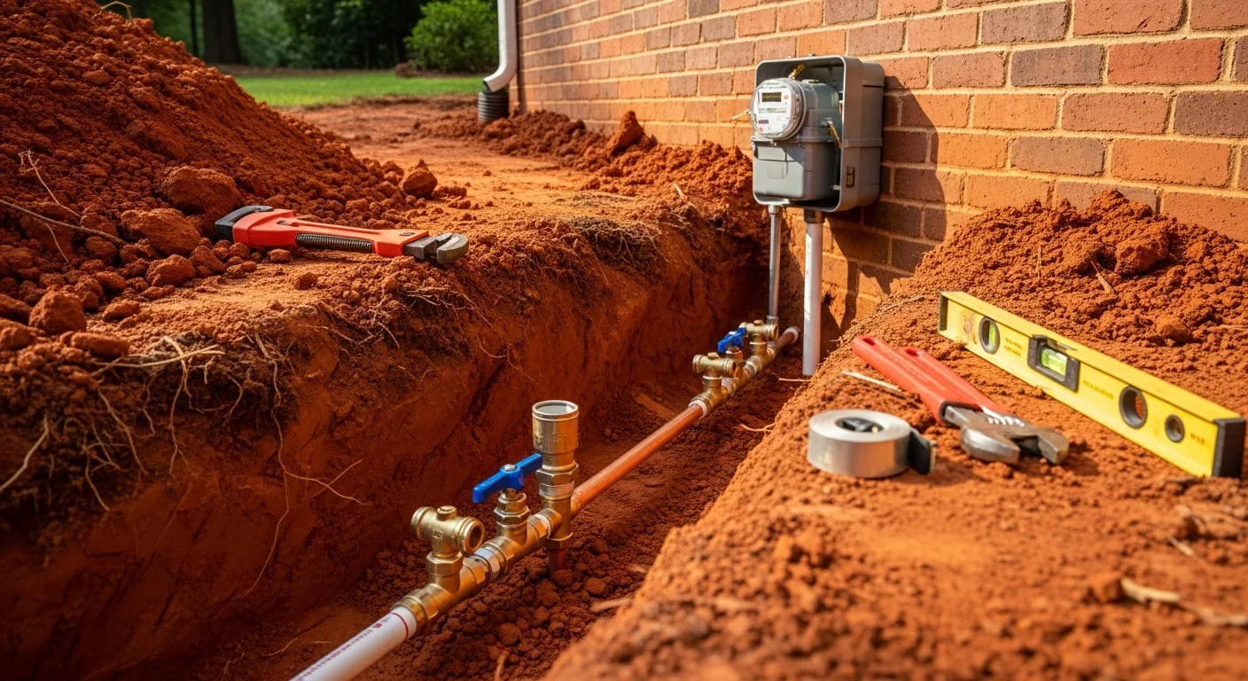 A licensed plumber from MHR Water Heaters and Plumbing inspecting a newly installed main water supply line at a residential property in Cherokee County, Georgia. The trench shows clean pipe routing through red clay soil with proper depth and fittings visible before backfill.