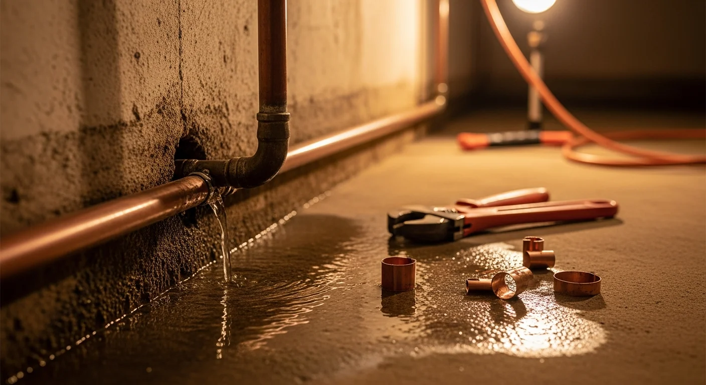 A licensed plumber from MHR Water Heaters and Plumbing inspecting a repaired supply line pipe under a sink in a Cherokee County, Georgia home. The pipe joint is dry and secure after a completed leak repair.