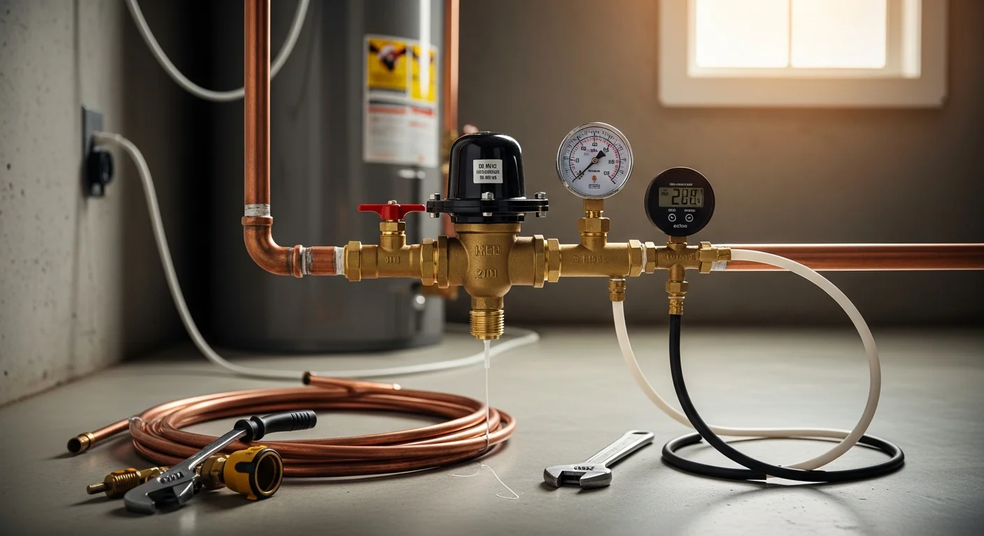 A licensed plumber installing a pressure-reducing valve on the main water supply line inside a Cherokee County home. The valve is fitted just after the main shutoff, with a pressure gauge visible on the line.