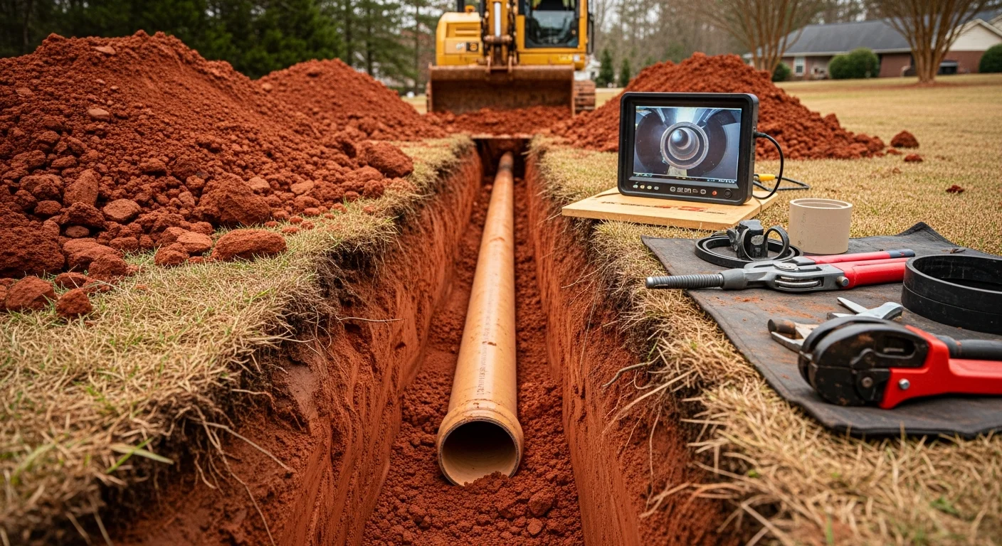 A plumber reviewing a sewer camera inspection monitor beside an open cleanout access point in a Cherokee County, Georgia residential yard. The monitor displays the interior of a cracked sewer pipe with visible root intrusion.