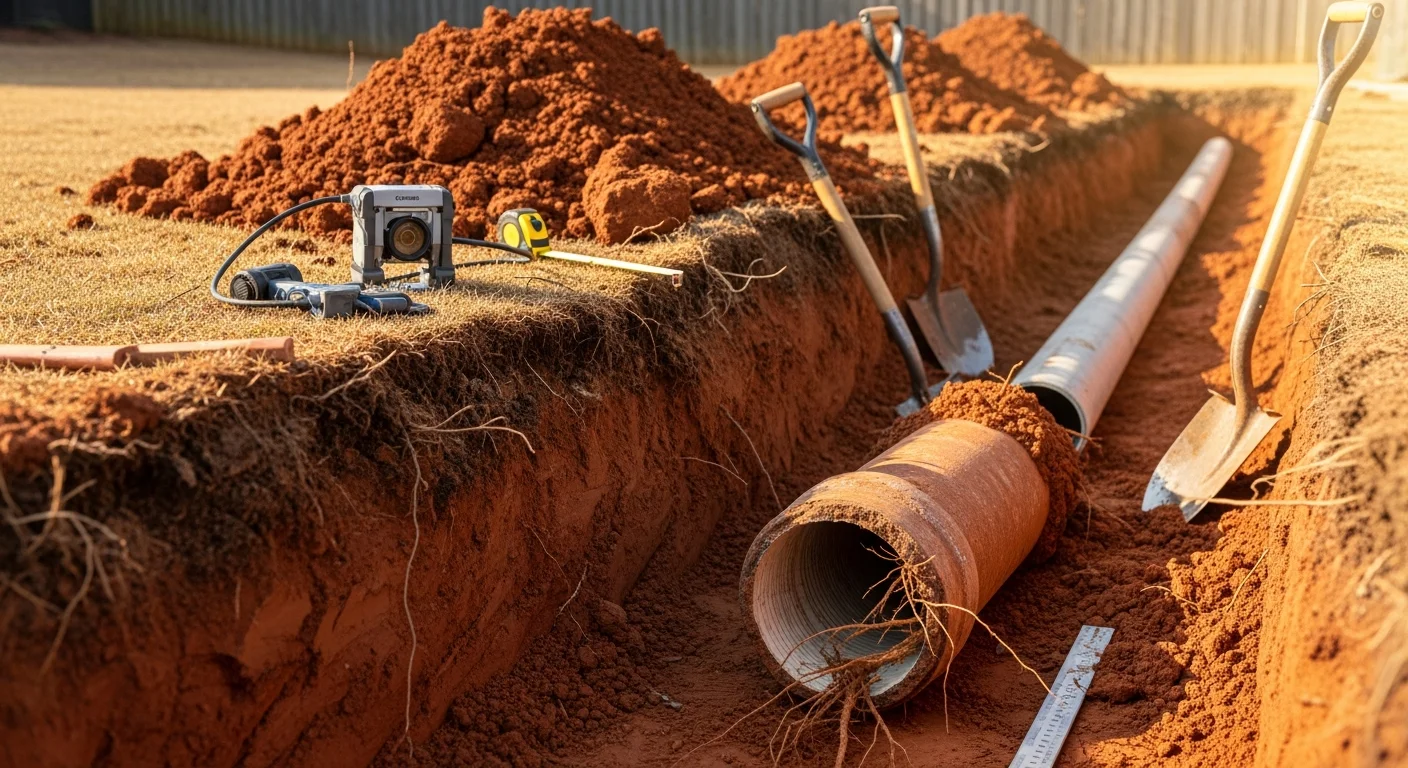 A residential sewer line trench in a Cherokee County backyard showing a newly installed replacement pipe laid in compacted soil. A plumber from MHR Water Heaters and Plumbing inspects the pipe grade before backfill.