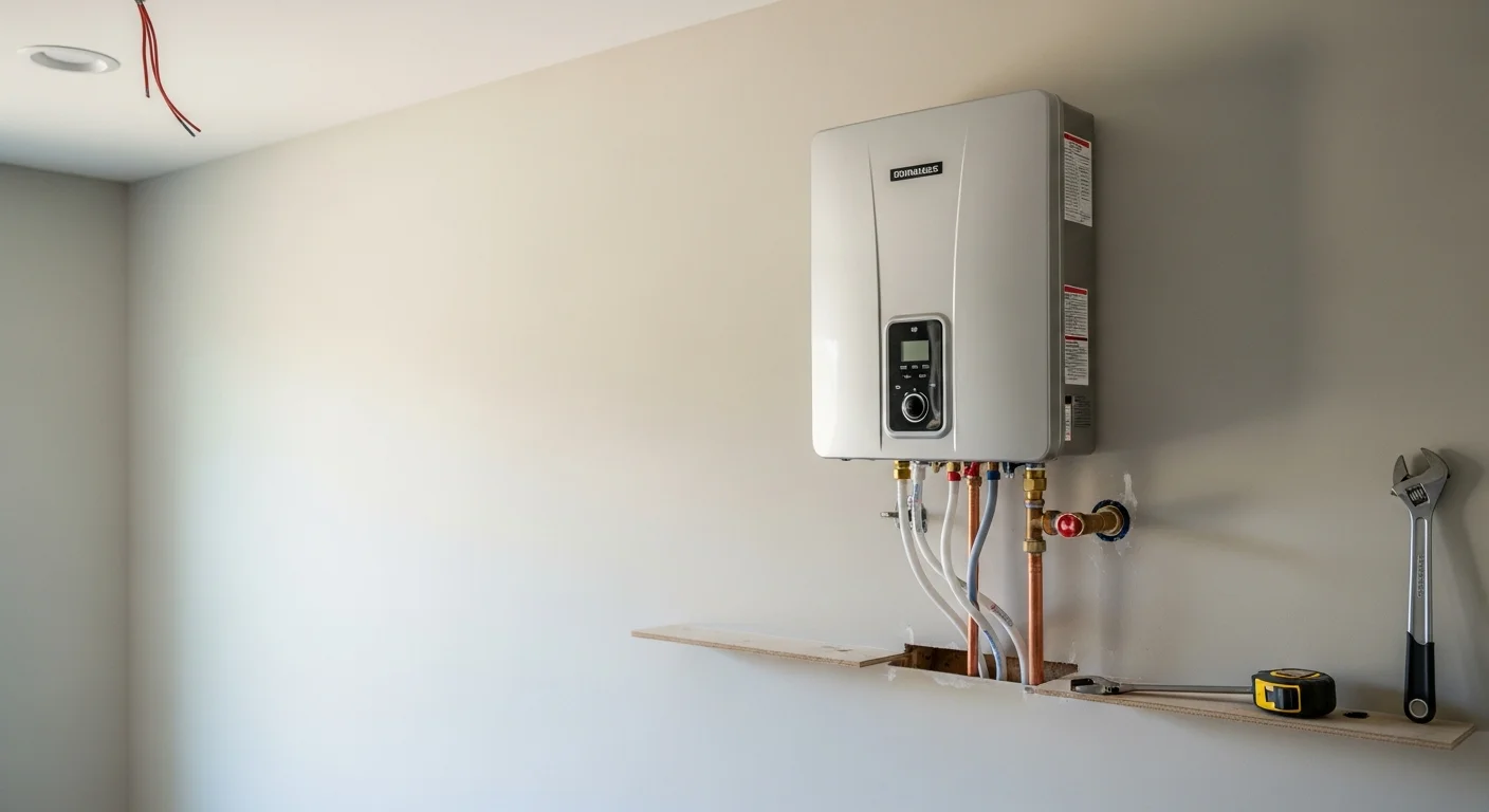 Licensed plumber installing a tankless water heater in a Northern Georgia home