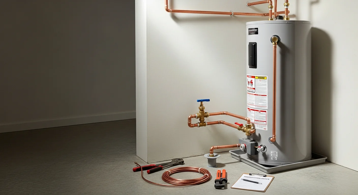 A licensed plumber from MHR Water Heaters and Plumbing completing a water heater installation in a Cherokee County, GA home utility closet. The new tank unit is fully connected with visible shut-off valves and a properly routed pressure relief discharge pipe.