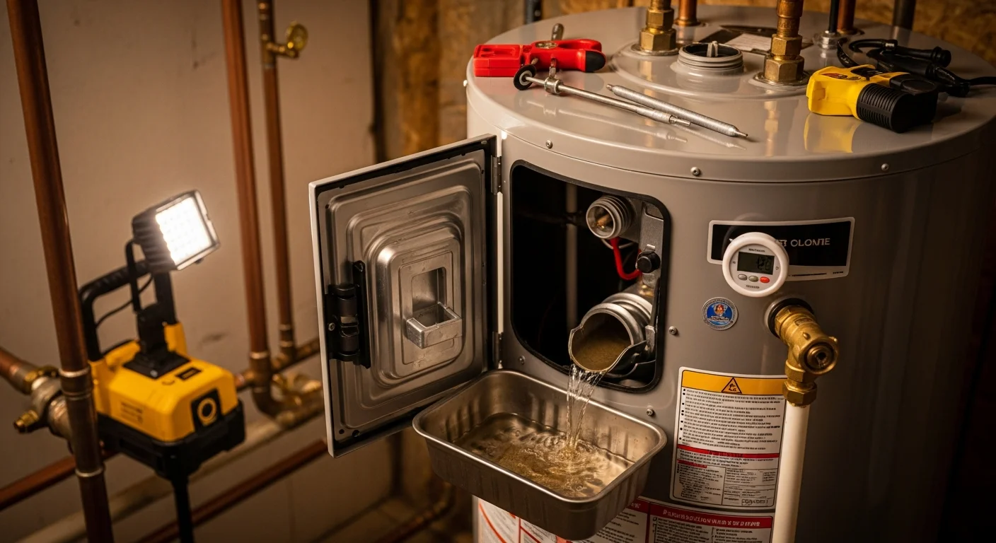A licensed MHR Water Heaters and Plumbing technician inspecting a residential tank water heater during a maintenance visit in Cherokee County, Georgia. The technician checks the pressure relief valve and anode rod on a standard tank unit installed in a home utility closet.