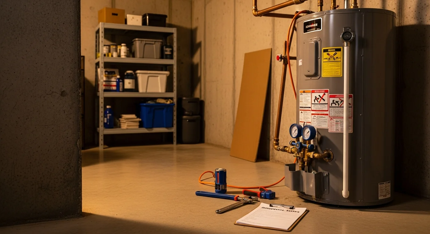 A licensed plumber from MHR Water Heaters and Plumbing inspecting a tank-style water heater in a Cherokee County, Georgia home utility room. The technician is checking connections and components on a unit showing early signs of sediment buildup from local hard water.