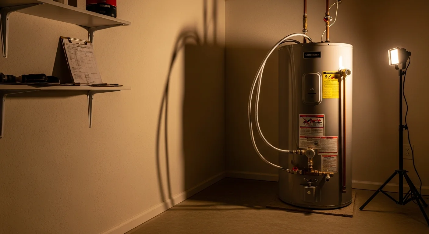 A licensed plumber from MHR Water Heaters and Plumbing installing a new water heater in a Cherokee County, GA home. The old unit has been removed and the new tank is connected to the home's plumbing supply lines.