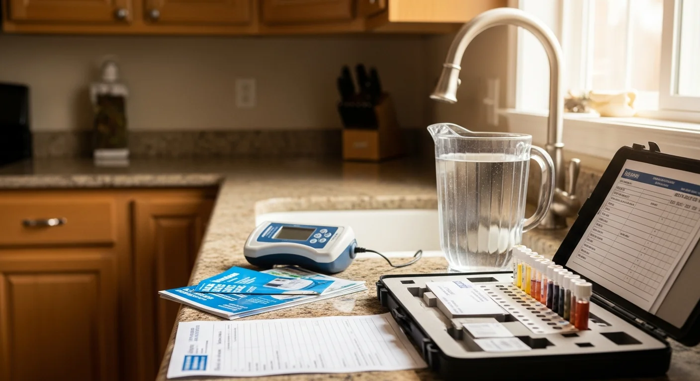 A licensed plumber from MHR Water Heaters and Plumbing reviewing water test results with a homeowner at a kitchen sink in a Cherokee County, Georgia home. A water testing kit and plumbing inspection tools are visible on the counter.
