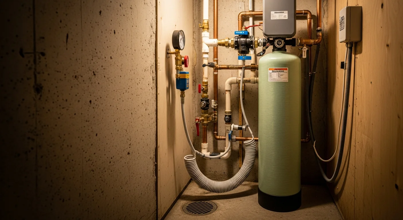 A licensed plumber connects a whole-home water softener to the main water line inside a residential utility room in Cherokee County, Georgia. The softener tank and brine tank are positioned near the water heater with drain lines and bypass valve fully installed.