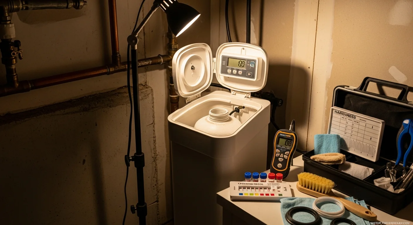 A plumbing technician inspecting the brine tank and control valve of a residential water softener system inside a Cherokee County home. The unit is mounted in a utility room with visible salt pellets and service tools nearby.