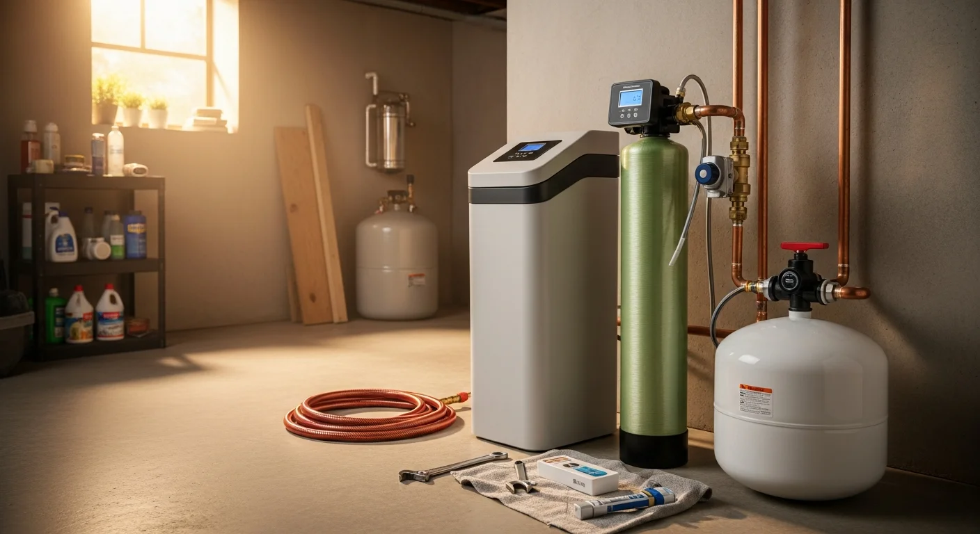 A licensed plumber from MHR Water Heaters and Plumbing installing a new whole-home water softener system in a Cherokee County residence. The image shows the new unit connected to the main water line in a utility room, with the old system removed.