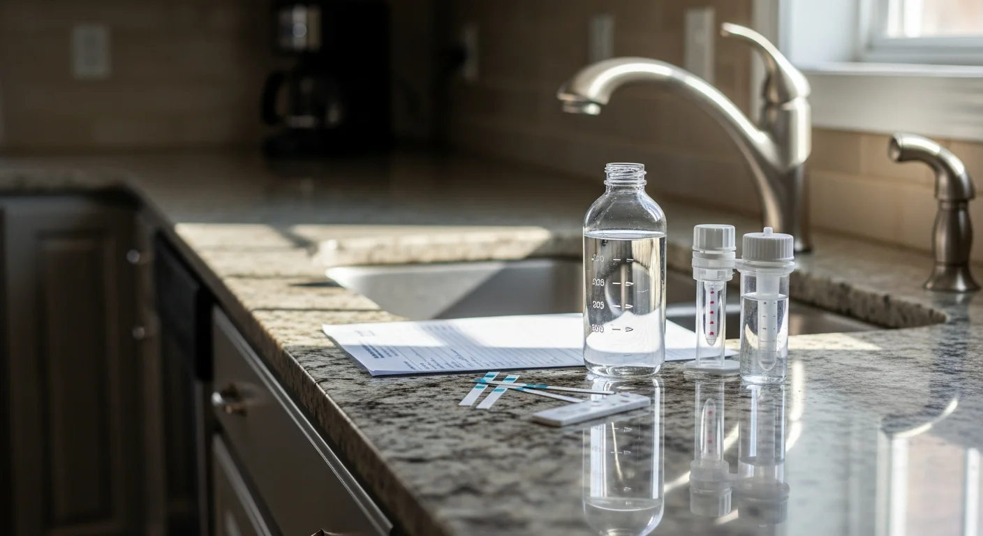 A plumbing technician collecting a water sample from a kitchen faucet in a Cherokee County home for professional water quality testing. Sample collection kit and testing materials are visible on the countertop.