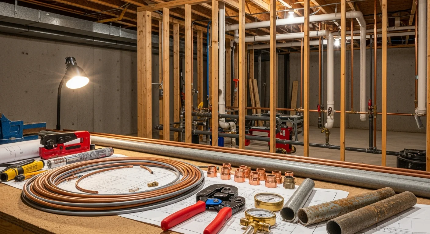 A licensed plumber from MHR Water Heaters and Plumbing replacing supply pipes inside the wall of a Cherokee County home during a whole home repipe service. Newly installed pipe runs are visible alongside the open wall cavity in a residential setting.